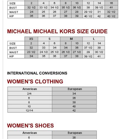 michael kors collection size chart